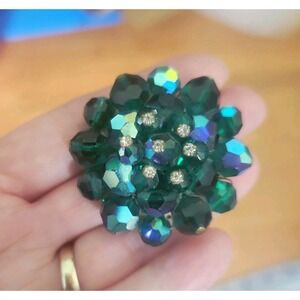 VTG Unmarked Vendome Green Floral Brooch AB Rhinestones Glass Beaded